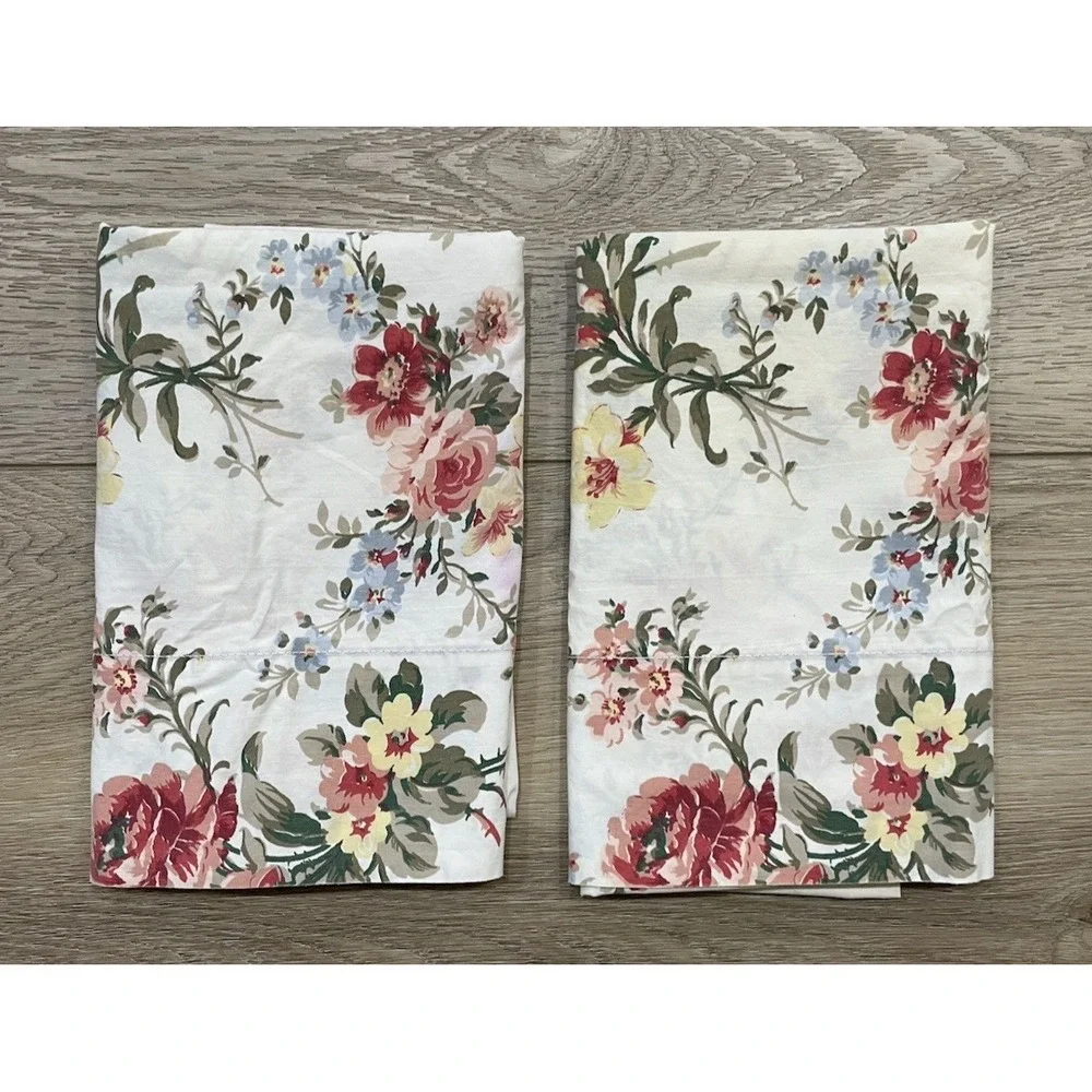 Vtg Pr Ralph Lauren Petticoat White Floral KING Pillowcases (2)‎